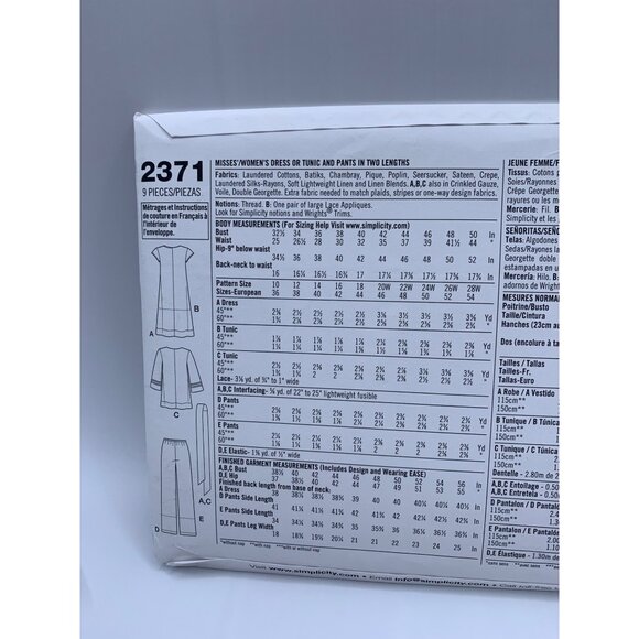 Simplicity Misses Dress Tunic Pants  Sewing Pattern sz 10-18 2371 - uncut - Picture 4 of 4